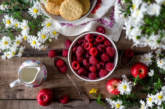 Завтрак, малина, фрукты - Breakfast, raspberries, fruits